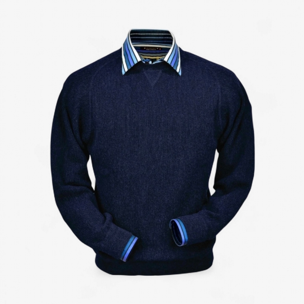 Peru Unlimited Baby Alpaca Wool Crew Neck Link Stitch Knit Sweater Navy Blue M